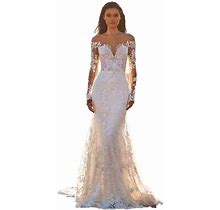 Deep V Neck Wedding Dresses For Women Long Mermaid Long Sleeve Lace Wedding Gownswith Train Appliques DR0001-05