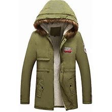 Men Solid Casual Thickening Mid-Length Zipper Hooded Pocket Jacket Coats