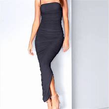 Venus Dresses | Ruched Maxi With Side Slit, Nwot | Color: Black | Size: L