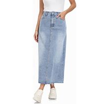 MISS MOLY Women's Maxi Long Denim Skirts High Waist Frayed Raw Hem Split A Line Flare Jean Skirt With Pockets