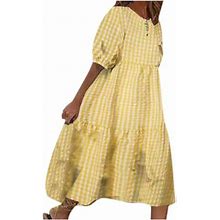 Summer Savings Clearance! 2023 Itsun Dresses For Womens,Fashion Short Sleeve 0-Neck Summer Casual Loose Plus Size Plaid Dress Yellow 3XL