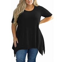 Showmall Plus Size Tops For Women Tunic Clothes Short Sleeve Black Blouse 1X Summer Swing Tee Crewneck Clothing Flowy Shirt For Leggings