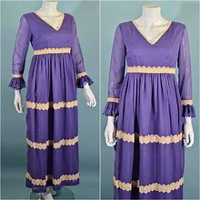 Vintage 60S/70S Purple Maxi Dress Ruffle & Lace Details, Mod Empire Waist By Splendiferous XS