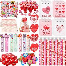 Libima 210 Pcs Kids Valentines Day Stationery Gifts Include Pencil Erasers Ruler Notebook Stamp Tag Card Organza Bag Sand Sticker For Valentine's