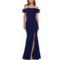 Xscape Ruffled Off-The-Shoulder Gown - Navy - Size 2