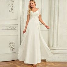 JJ's House Long Wedding Dress Bridal Dress Ivory Short Sleeves V-Neck A-Line Chiffon 2024