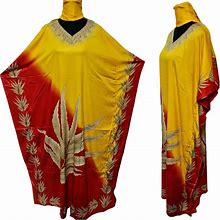 Women's Kaftan Yellow Red Loose Fit Tunic Dress Sequin Floral Abaya