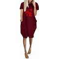 Efsteb Beach Dresses For Women Loose Casual Round Neck Love Print Dresses Short Sleeve Dress Summer Dress With Pocket Dress Red L
