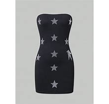 Black Strapless Dress With Star-Shaped Rhinestone Embellishment,M