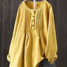 Plus Size Button Front Blouse, Casual Crew Neck Long Sleeve Blouse For Spring, Women's Plus Size Clothing,Yellow,Must-Try,Temu