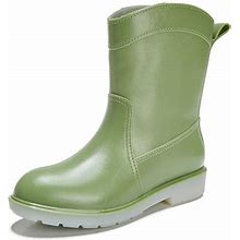 Women Mid Calf Low Heel Antiskid Slip On Rain Boots, Green / US6