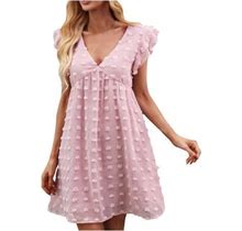 Summer Dress For Women Cute V Neck Swiss Dots Sleeveless Beach Mini Dresses Casual Ruffle Sleeve Babydoll Dress