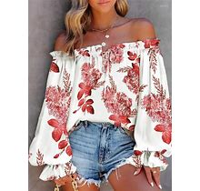 2023 Autumn Women's Floral Print Off-Shoulder Lace-Up Blouse - Elegant Flare Sleeve Casual Chic Top