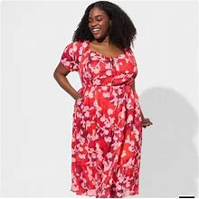 Torrid Dresses | Nwt 3X Torrid Midi Cotton Clip Dot Lace Up Smocked Floral Dress | Color: Pink/Red | Size: 3X