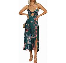 Fashionme Women Spaghetti Strap Midi Satin Dresses Tie Front Backless Split Hollow Dress