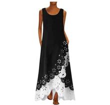 Babysbule Clearance Womens Summer Dresses, Women Sleeveless Print Round Neck Long Maxi Dres Beach Shirt Dress
