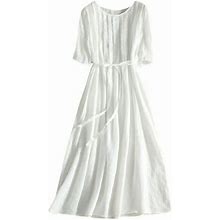 Ovbmpzd Women's Solid Short Sleeve White Dress Crew-Neck Elegant Pleated Swing Maxi Dress White S