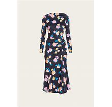 Monique Lhuillier Floral-Print Long-Sleeve Midi Dress With Side Drape, Navymulti, Women's, 12, Long-Sleeve Dresses