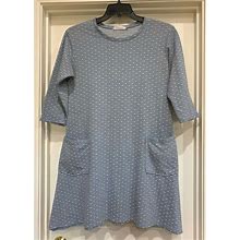 CUT LOOSE Dress-Blue Cotton/Poly Knit 3/4 Sleeve Polka Dot Knee Length, Medium