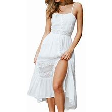 Gwiyeopda Women Spaghetti Strap Split Tie Back Sleeveless Maxi White Dress Boho Sundress Beach Dress