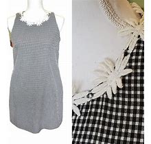 Vintage 90S Does 60S Mod Gingham Plaid Shift Dress Black White Floral Crochet