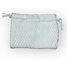 Woven Drawstring Clutch Bag, White, Ivory, Metallic Silver Accented