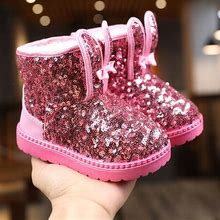 Cute Cartoon Rabbit Ears Sequin Snow Boots For Baby Girls, Soft Warm Plus Fleece Boots For Outdoor Walking Hiking, Autumn And New Product,Temu