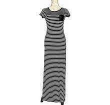 MONTEAU Women's Black White Striped Maxi Dress Stretch Faux Leather Pocket S