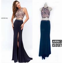 Sherri Hill Dresses | Sherri Hill 0 Navy Nude Two-Piece Gown Mesh Beaded Crop Maxi Mermaid Skirt | Color: Blue/Pink | Size: 0