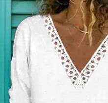 Lace Casual Plain Long Sleeve Top White/L