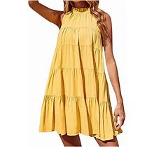 Women's Summer Halter Dress Fashion Ruched Babydoll Patchwork Short Dresses Loose High Neck Beach Sundress