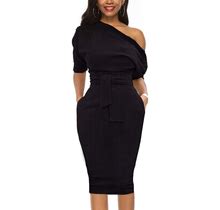 Nature Comfy Elegant Womens Wear To Work Casual One Shoulder Belted Pencil Dress With Pockets