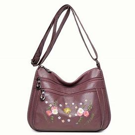 Floral Embroidery Crossbody Bag, Large Capacity Single Shoulder Bag, Multi-Layer Purse For Middle-Aged And Elderly Women,Purple,Purple,Reliable,Temu