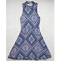 One Clothing Dress Mock Neck Sleeveless Short Length Stretchy Geometric Blue S