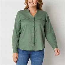 St. John's Bay Womens Long Sleeve Regular Fit Button-Down Shirt | Green | Petites Petite Xx-Large | Shirts + Tops Button-Front Shirts