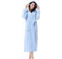 Women's Plush Fleece Long Robe With Hood, Warm Comfy Fluffy Bathrobe,Blue