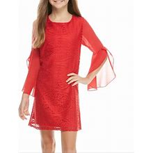 Sequin Hearts Dresses | Sequin Hearts Big Girl's Bell Sleeve Crochet Front Shift Dress-Size 14 | Color: Red | Size: 14G