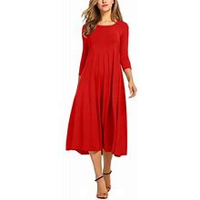 Voss Women's Casual Solid Dress Round Neck Long Sleeve Mid-Calf Swing Dress