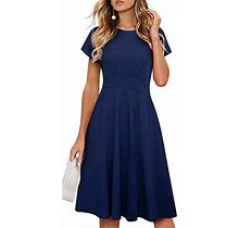 Homeyee Womens Short Sleeve Floral Casual Aline Midi Dress A1026dark Bluesolid Color, Dark Blue-Solid Color