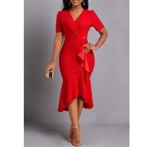 Rotita Women's Red High Low V Neck Mermaid Dress - Medium