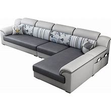 Gray Faux Leather Sectional L-Shape Pillow Top Arm Sectional - Faux Leather 2-Seater Sofa & 1-Seater Sofa & Chaise Longue Sponge