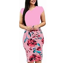 Outfmvch Pink Dress For Women O-Neck Short Sleeve Splicing Flower Printing Dress Womens Dresses Fall Dresses