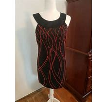 Vintage Guess Jeans Black Cotton Mini Dress Lined With Red Beaded