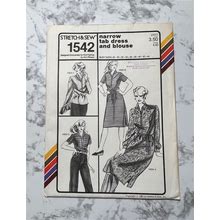 80S Narrow Tab Dress And Blouse Pattern, Long Or Short Sleeve Button Front Shirt Or Dress Pattern, Stretch & Sew 1542, 28"-44" Bust, Uncut