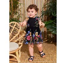 Baby Girls' Elegant Exquisite Embroidery Floral Mesh Flying Sleeve dress,12-18m