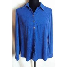 Kim Rogers Petites Womens Top Royal Blue Button Front Roll Tab Sleeve