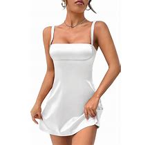 Milumia Women's Petite Solid Spaghetti Strap A Line Mini Dress Square Neck Sleeveless Short Dresses