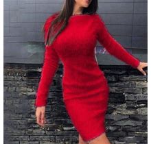 Wefuesd Womens Fashion Women's Dress Ladies Autumn Winter Knit Turtleneck Long Sleeves Solid Color Slim Plush Sweater Dress Womens Dresses Red L