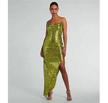 Windsor Jennifer Strappy Back High Slit Sequin Formal Dress In Chartreuse | Size: XS | Mesh Fabric/Mesh Fabric