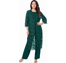 Plus Size Women's Three-Piece Lace Duster & Pant Suit By Roaman's In Emerald Green (Size 18 W)